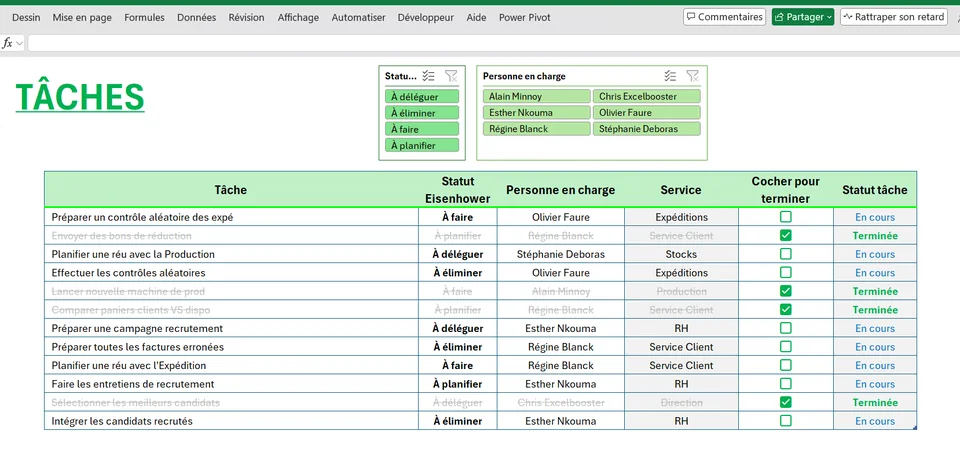 Tableau Excel de suivi des tâches, filtrable par statut et par personne en charge