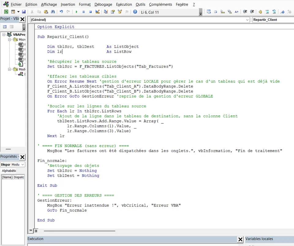 Procédure VBA commentée qui répartit des factures entre plusieurs tableaux structurés, dans l’éditeur Visual Basic d’Excel