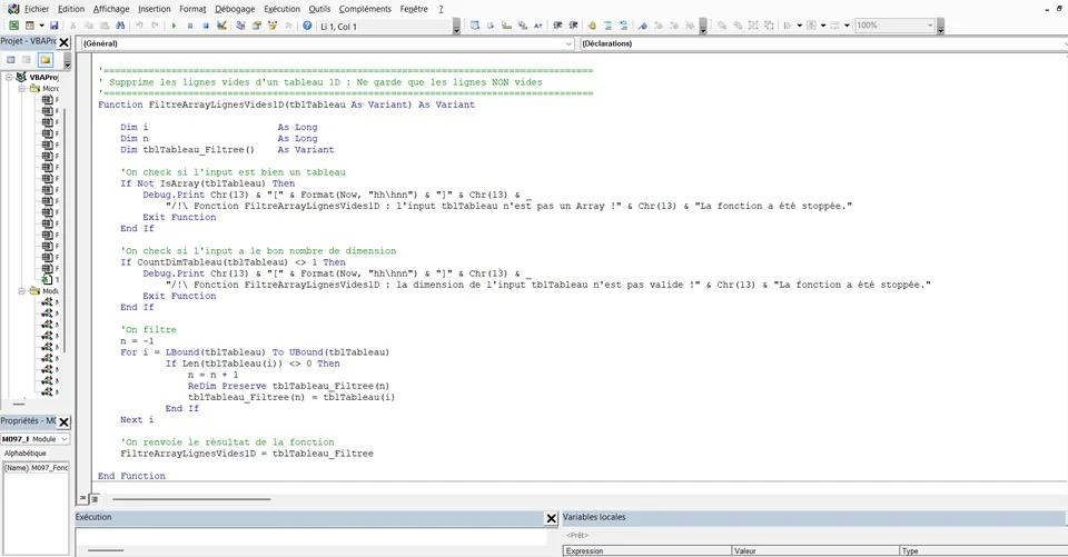 Fonction VBA commentée qui supprime les lignes vides d’un tableau, dans l’éditeur Visual Basic d’Excel
